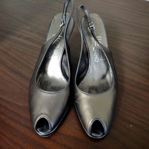 Ferragamo Open Toe Metallic Slingbacks
